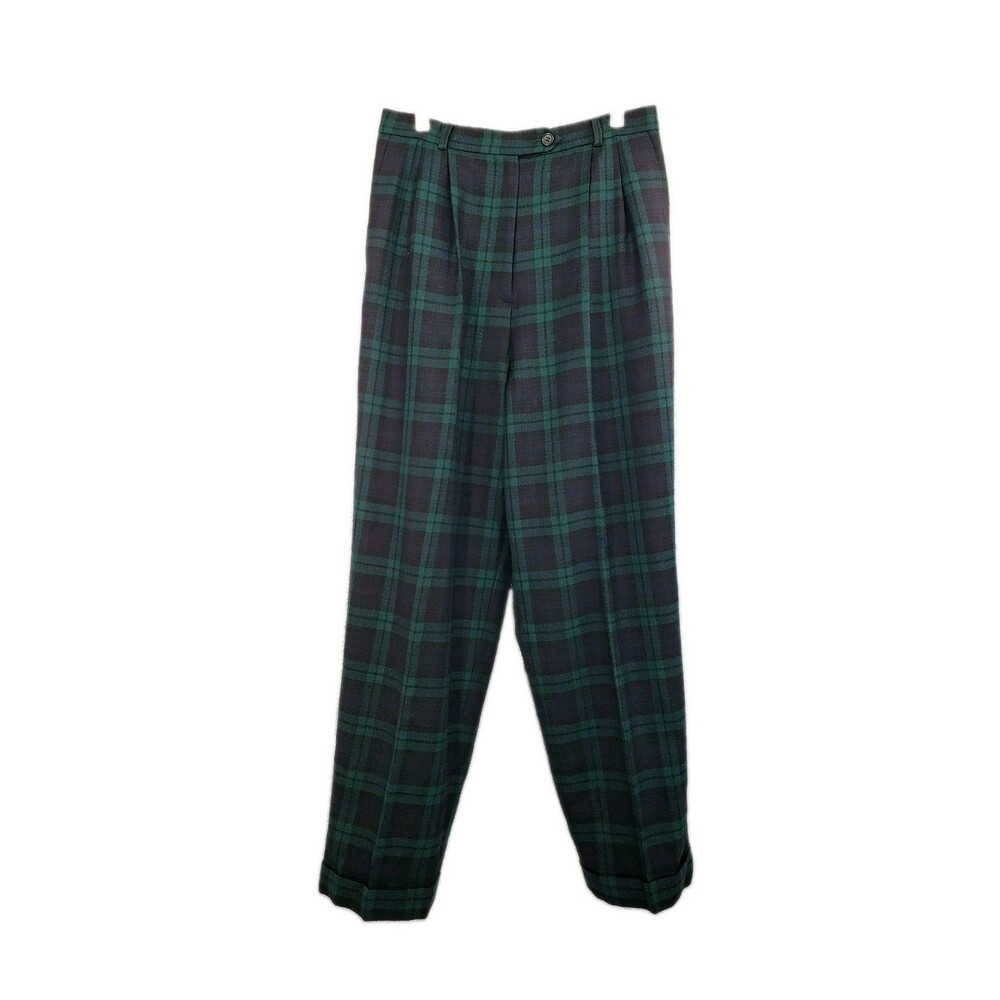 Talbots Wool Pants Size 10 P Black Watch Tartan Plaid Green Navy Pleated Lined